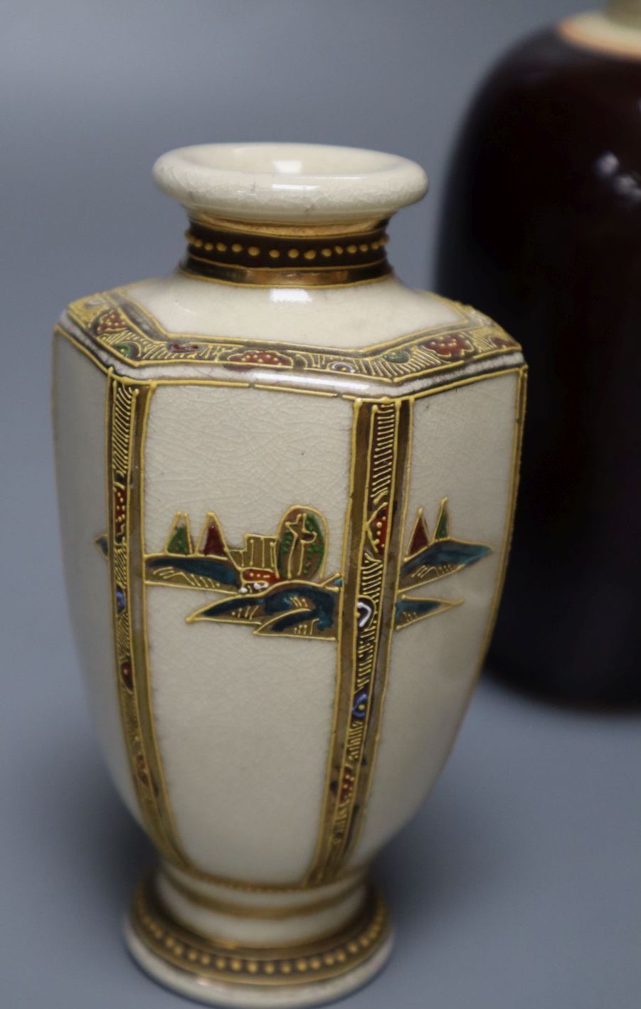 A Chinese deep red glazed jar and cover, 16cm, and two Satsuma vases